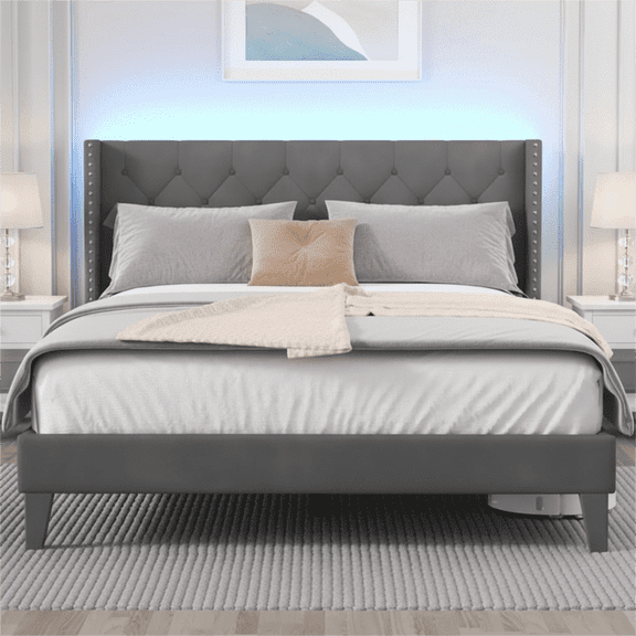 Full Size Upholstered Platform Bed Frame with Wingback Headboard, Diamond Tufting, and LED Lights - Wood Slat Support, No Box Spring Needed, Easy Assembly, Noise-Free, Grey