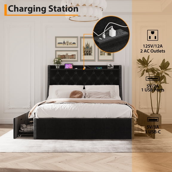Full Size Upholstered Platform Bed Frame – Wingback Tufted Headboard & Storage Drawers No Box Early-season Needed – Easy Assembly