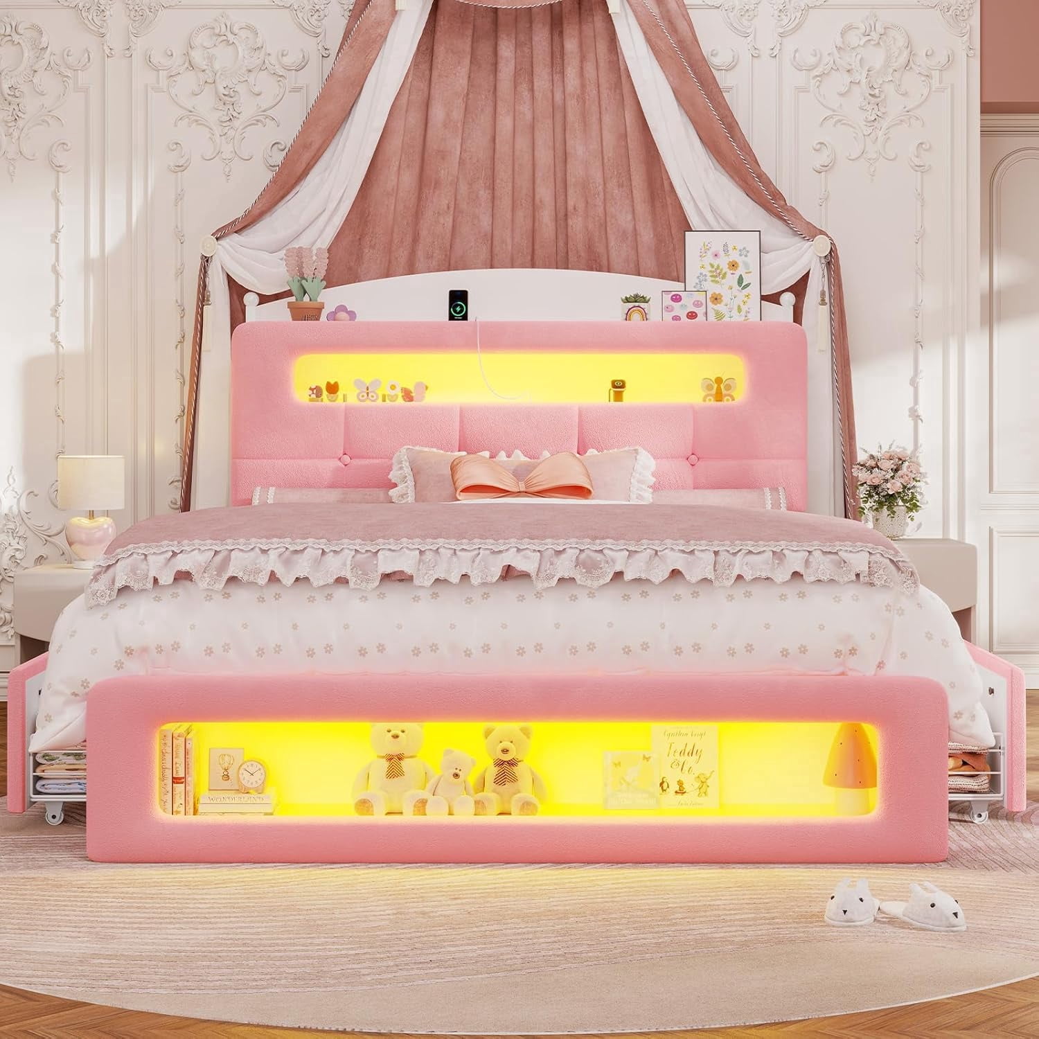 Full Size Upholstered Platform Bed Frame with 2 Drawers LED Lighting, Storage Headboard and Footboard, Remote/App Control, No Box Spring Needed,Pink