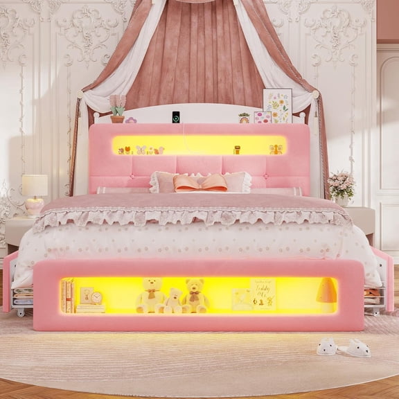 Full Size Upholstered Platform Bed Frame with 2 Drawers LED Lighting, Storage Headboard and Footboard, Remote/App Control, No Box Spring Needed,Pink