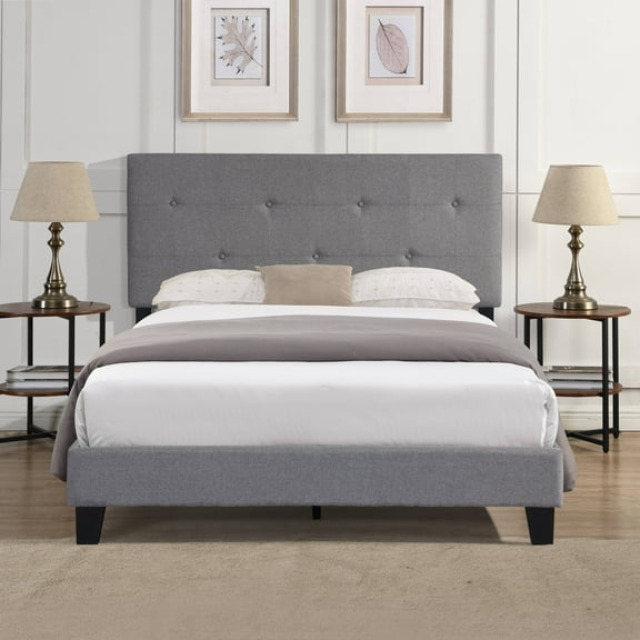 Full Size Upholstered Platform Bed Frame with Button Tufted Linen Fabric Headboard, Wooden Slats Support, No Box Spring Needed, Easy Assembly (Grey)
