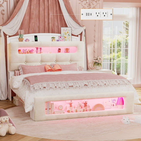 Full Size Upholstered Platform Bed Frame with LED Lighting, Storage Headboard and Footboard, Remote/App Control, No Box Spring Needed,White (Full)