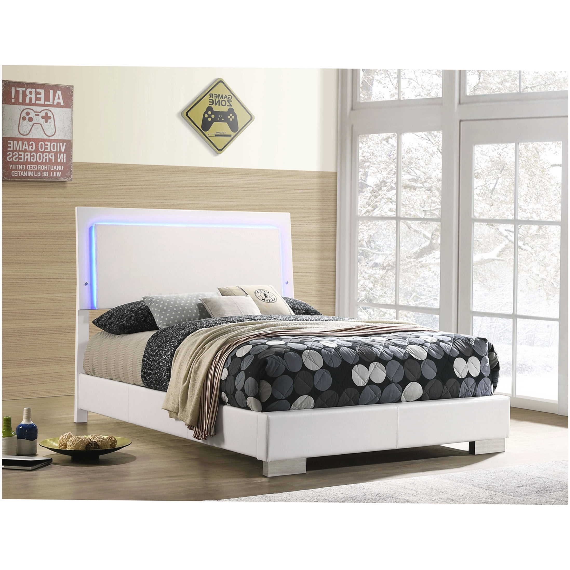 Full Size Upholstered Platform Bed Frame with LED Lights and Wood Slats