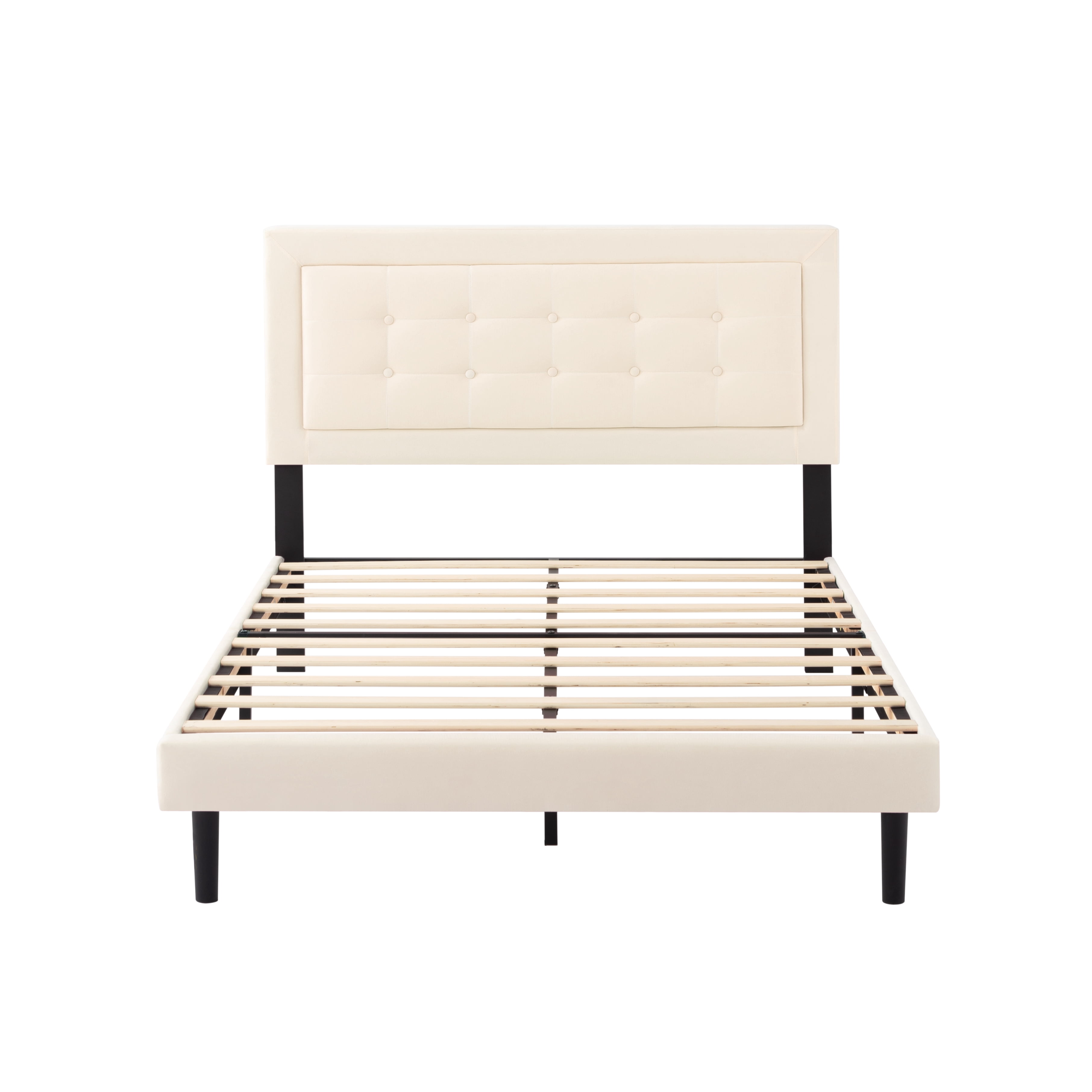 Full Size Upholstered Platform Bed Frame with Wood Slats Support, Beige