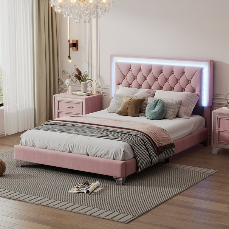 Pink tufted platform bed discount