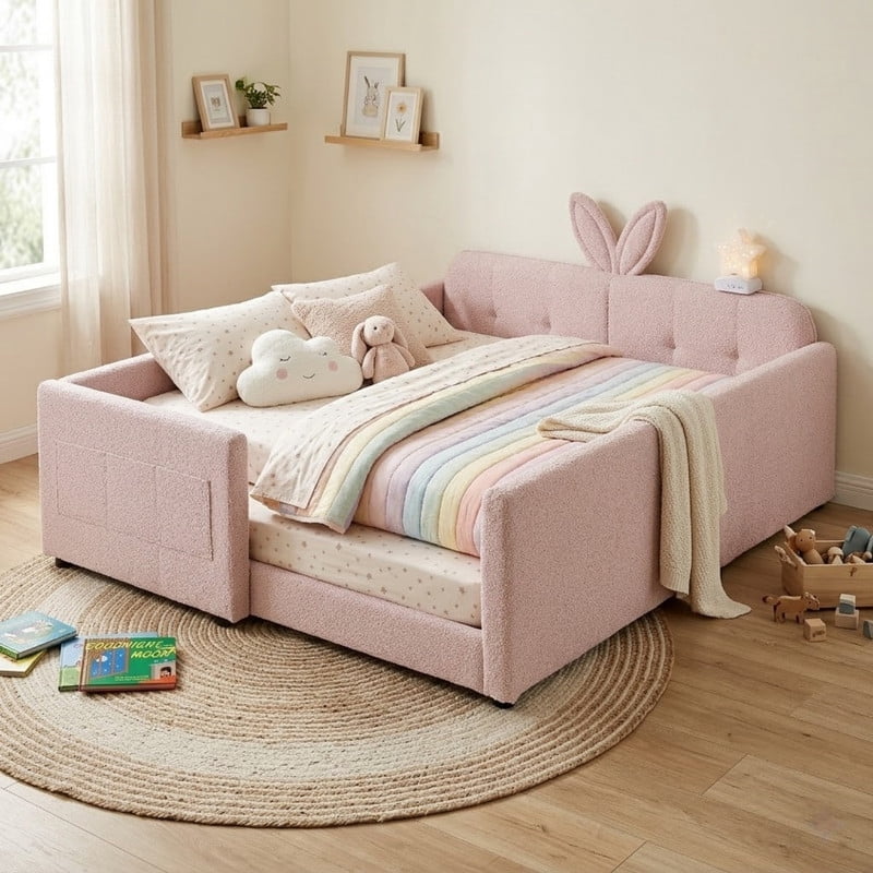 Full Size Upholstered Platform Bed with Rabbit Ear Shaped Headboard, Boucle Fabric Kids Bed with Side Pockets and Safety Guardrail, Space-Saving Corner Bed for Girls, Boys, Teenager