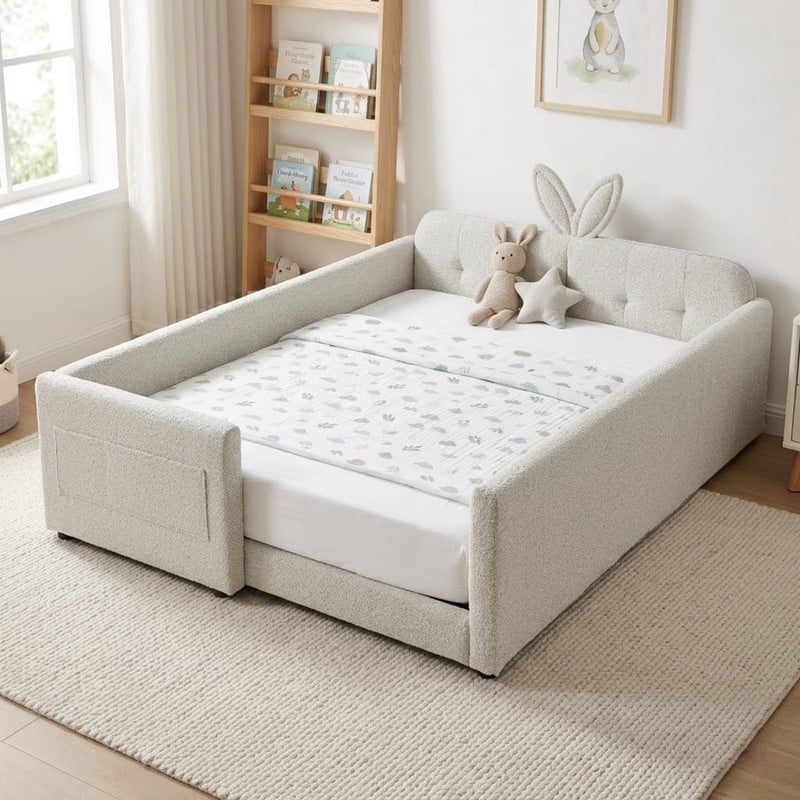 Full Size Upholstered Platform Bed with Rabbit Ear Shaped Headboard, Boucle Fabric Kids Bed with Side Pockets and Safety Guardrail, Space-Saving Corner Bed for Girls, Boys, Teenager