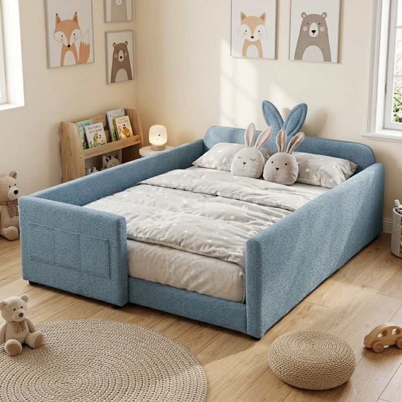 Full Size Upholstered Platform Bed with Rabbit Ear Shaped Headboard, Boucle Fabric Kids Bed with Side Pockets and Safety Guardrail, Space-Saving Corner Bed for Girls, Boys, Teenager