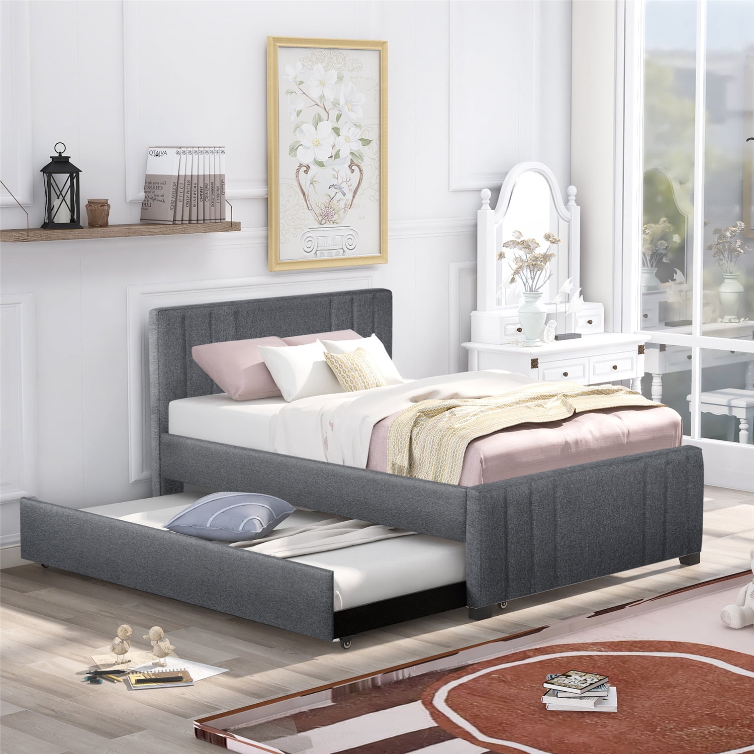 Full size upholstered bed with trundle discount