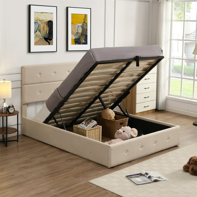 Full Size Upholstered Platform Bed with Underneath Storage Wooden Full Bed Frame with Gas Lift up Storage and Tufed Upholstered Headboard No Box