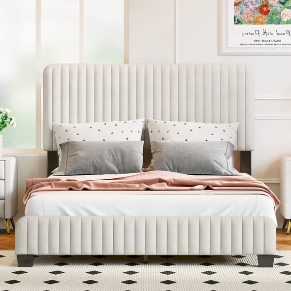 Full Size Upholstered Platform Bed, Velvet Fabric Bed with Vertical Channel Tufted Headboard, Solid Wood Bed Frame with Slats Support, No Box Spring Needed, Beige