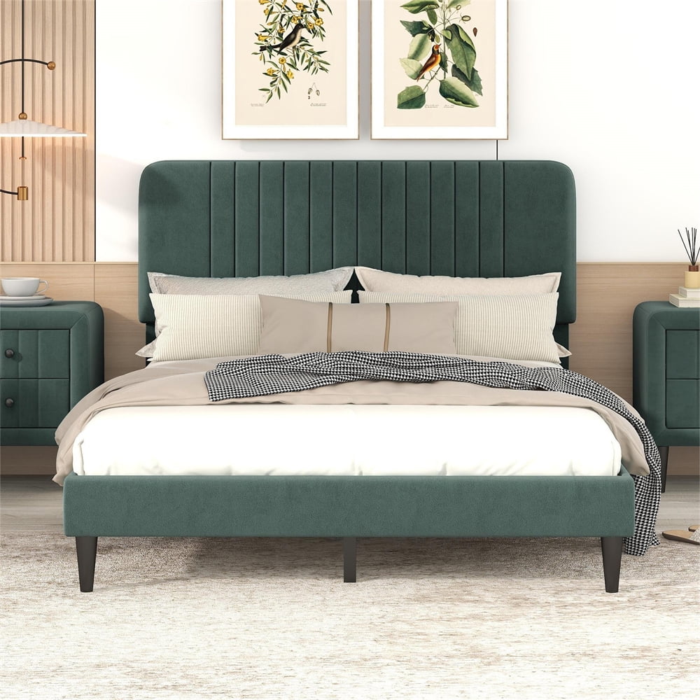 Full Size Upholstered Platform Bed, Velvet Platform Bed with Headboard