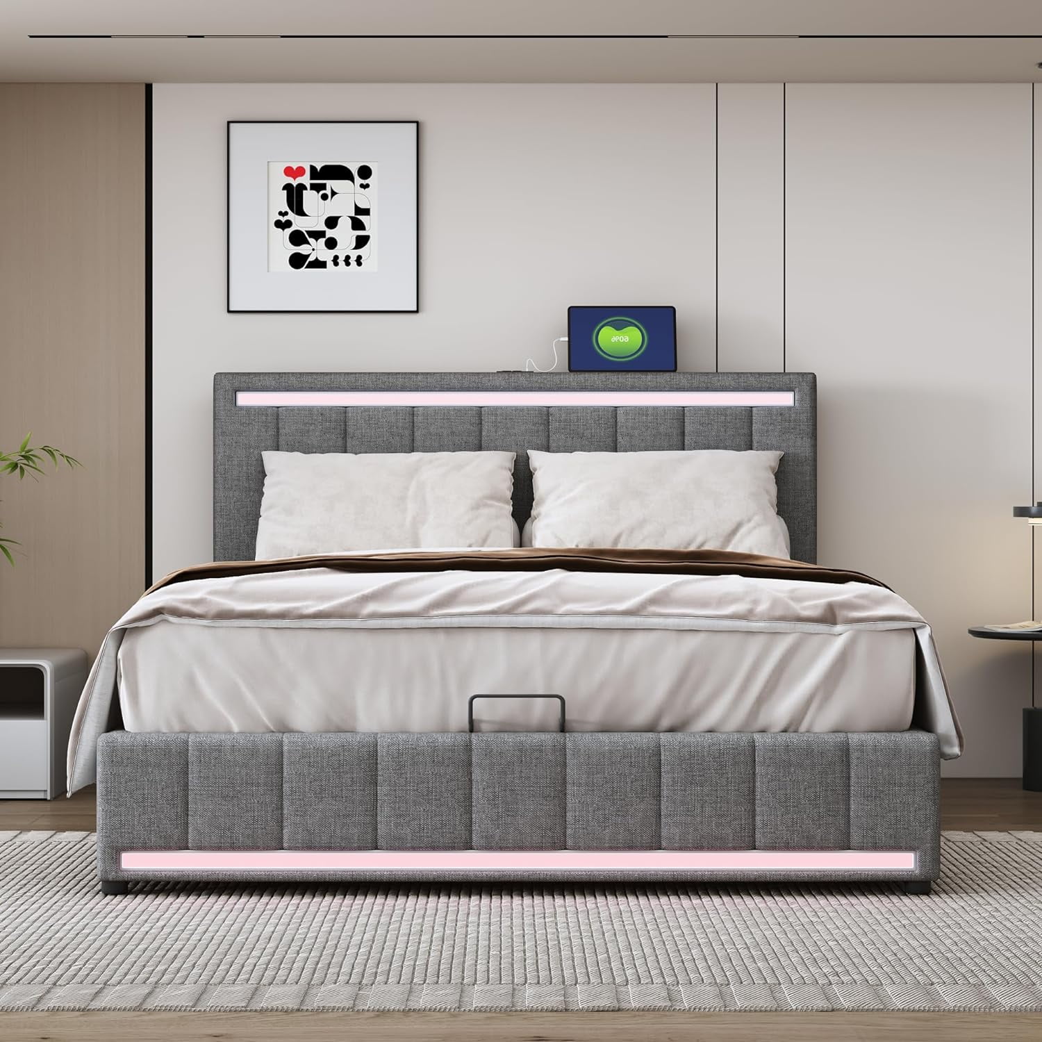 Full Size Upholstered Platform Bed With Hydraulic Storage System, LED