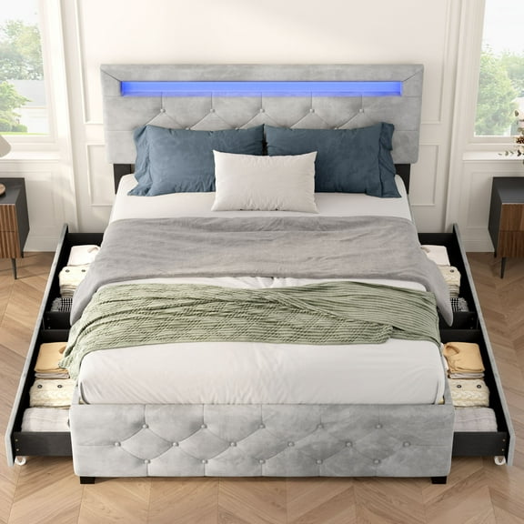 Full Size Upholstered Platform Bed with 4 Drawers and LED Lights, No Box Spring Needed, Gray