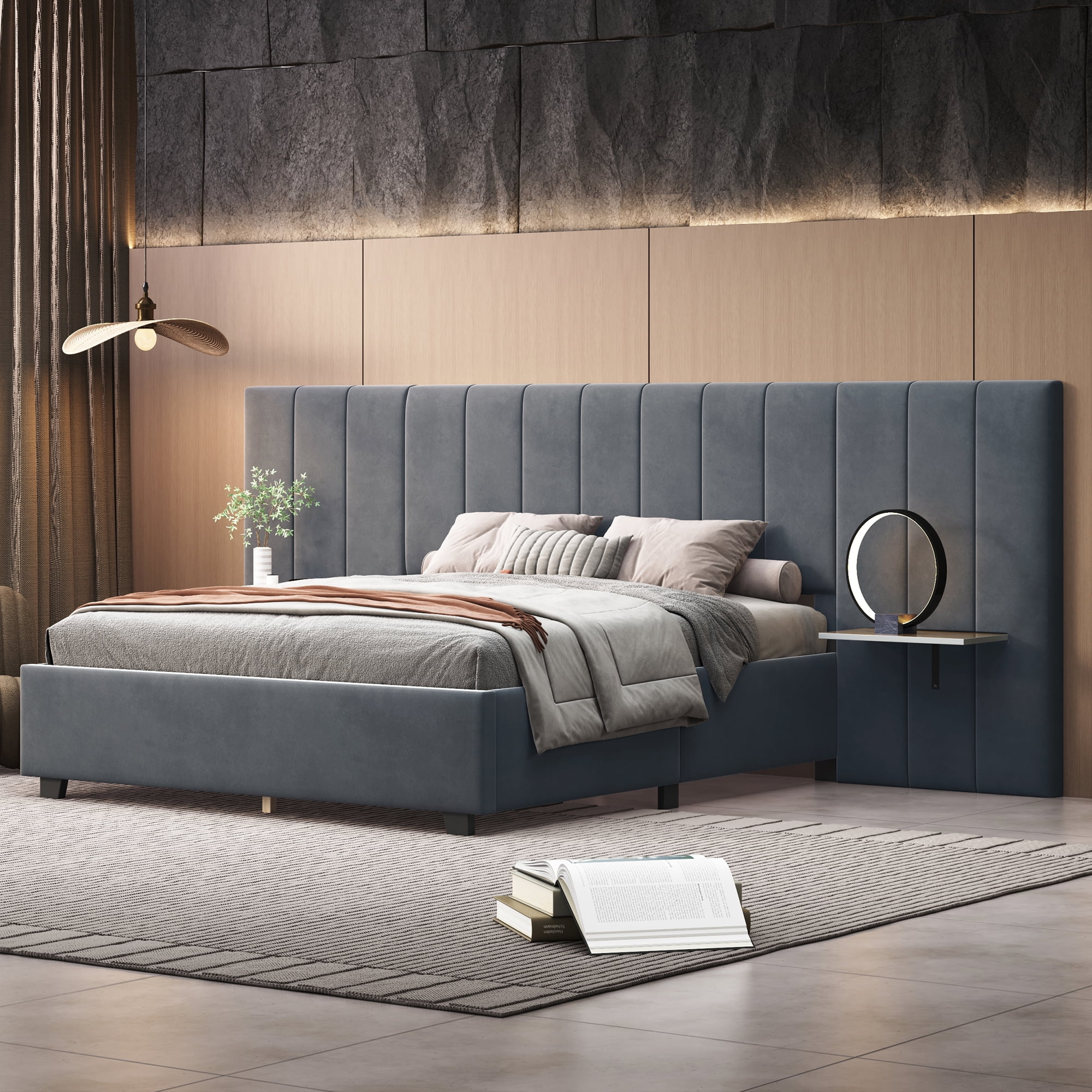 Full Size Upholstered Platform Bed with Big Headboard, Bedroom ...