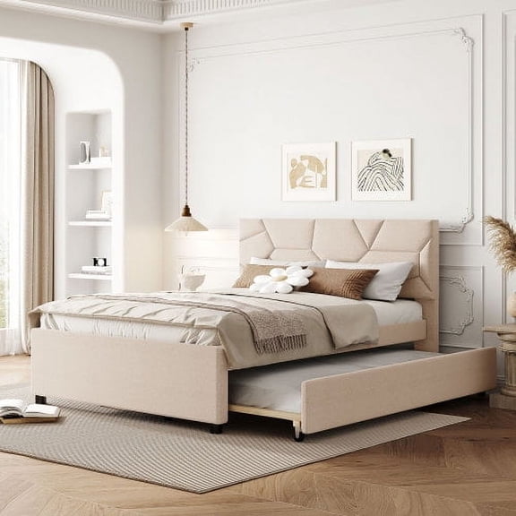Full Size Upholstered Platform Bed with Brick Pattern Headboard and Twin Trundle, Linen Sofa Bed for Guest Room, Beige