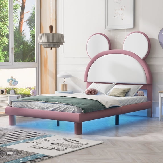Full Size Upholstered Platform Bed with Cartoon Ears Shaped Headboard and LED, White&Pink