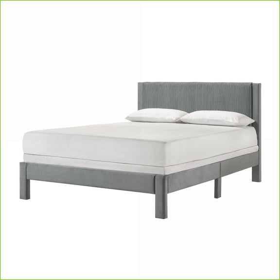 Full Size Upholstered Platform Bed with Ribbed Headboard, Light Gray Contemporary Bedroom Furniture