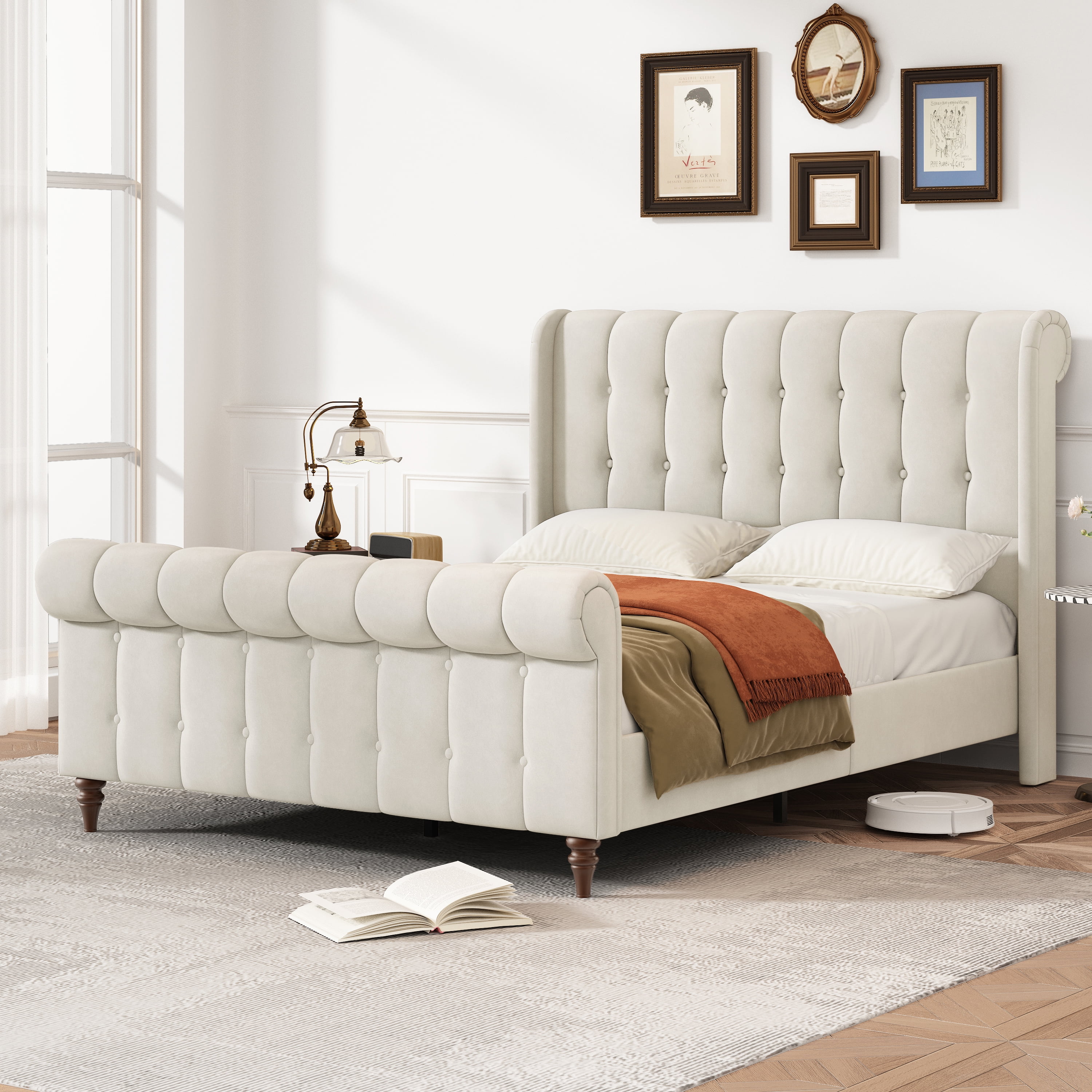 Full Size Upholstered Platform Sleigh Bed Frame, Velvet Upholstered