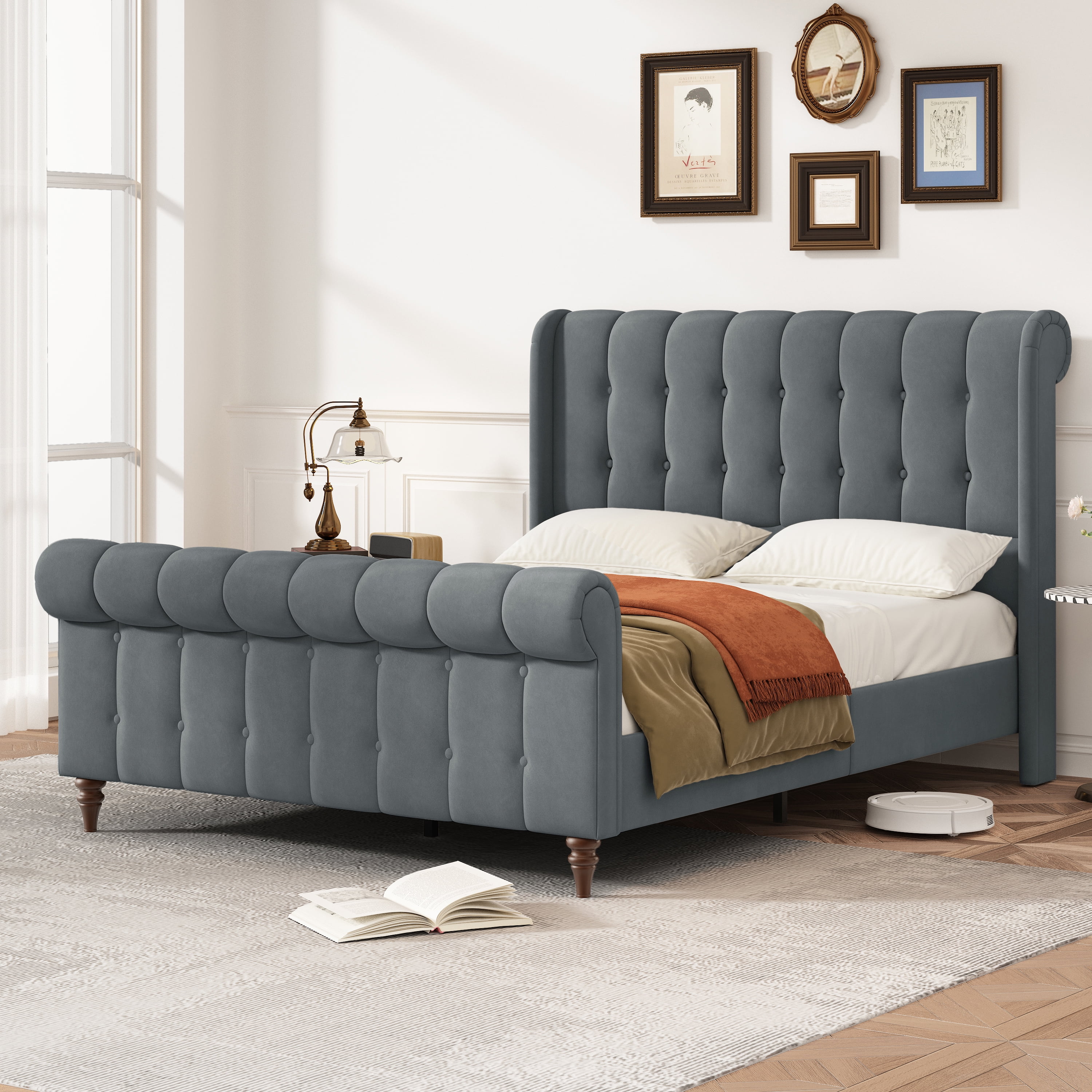 Full Size Upholstered Platform Sleigh Bed Frame, Velvet Upholstered