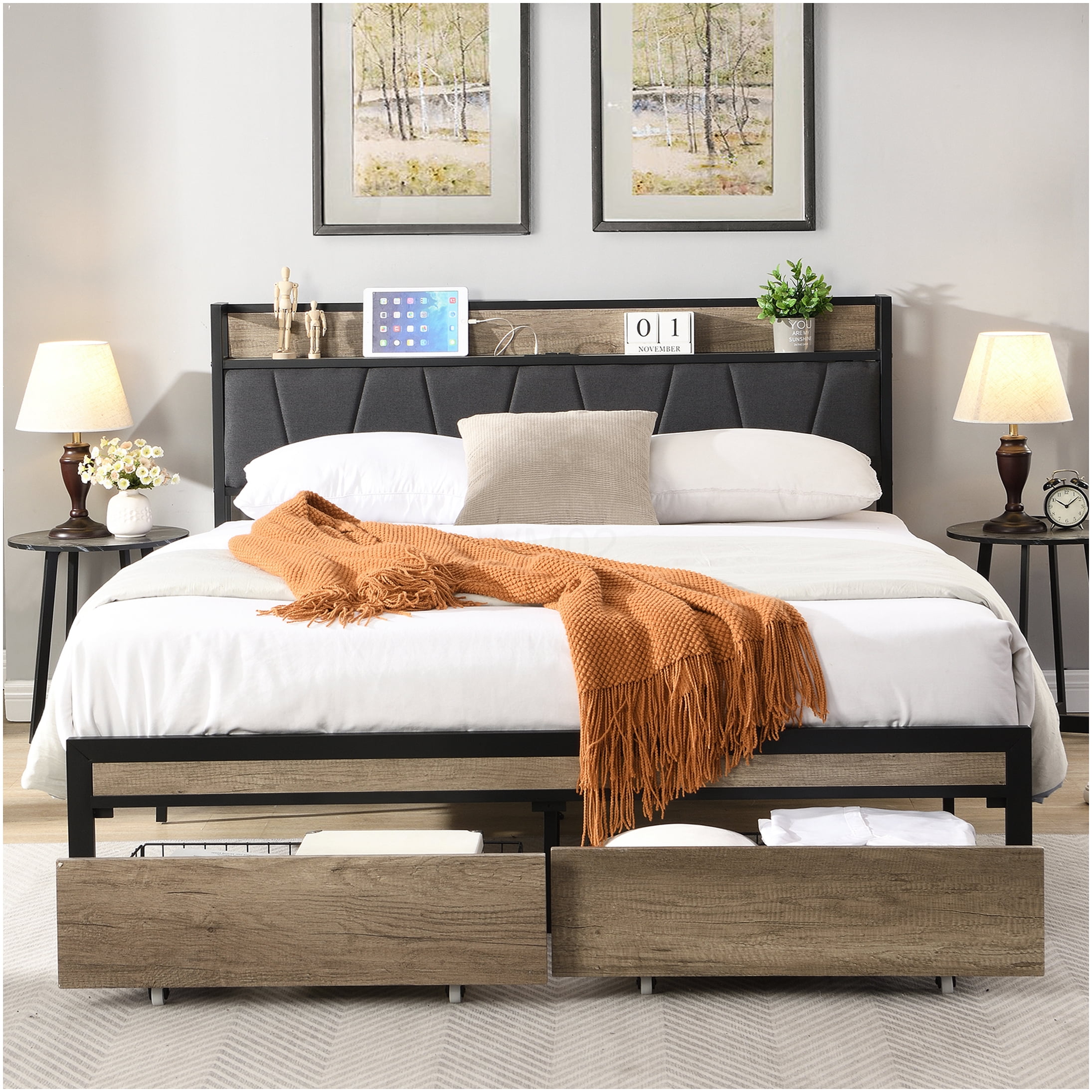 Full Size Upholstered Storage Bed Frame with USB Ports, Drawers ...