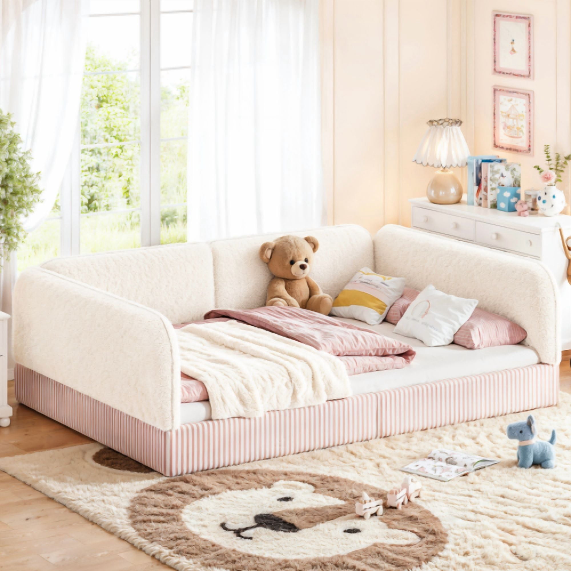 Full Size Upholstered Teddy Fleece Floor Bed Frame, Half-Enclosed Montessori Low Profile Platform Bed with Full-Perimeter Guardrails for Kids, Beige