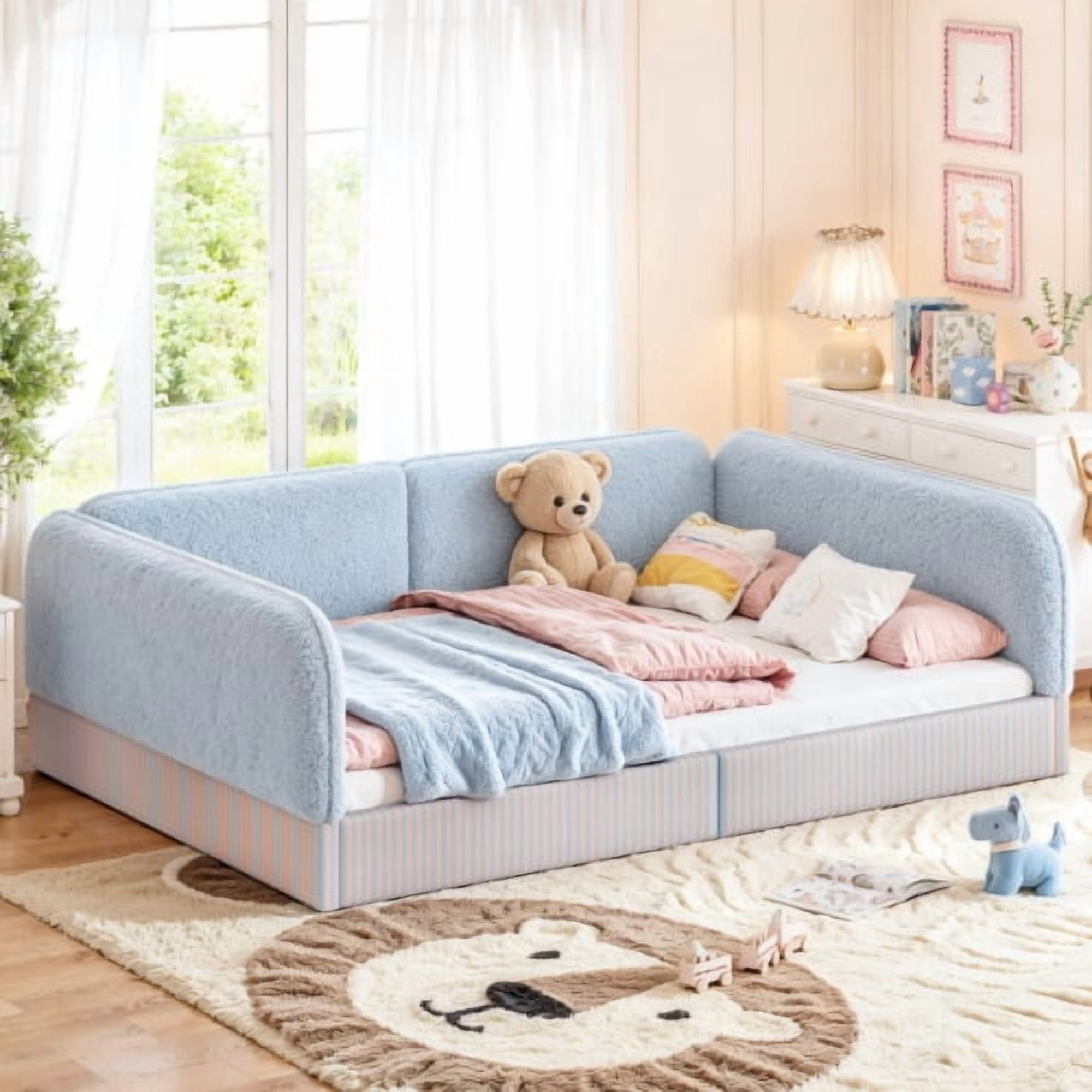 Full Size Upholstered Teddy Fleece Floor Bed Frame, Half-Enclosed Montessori Low Profile Platform Bed with Full-Perimeter Guardrails for Kids, Blue