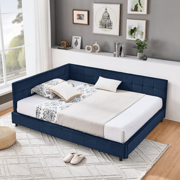 Full Size Upholstered Tufted  Bed Frame, Sofa Bed Frame with Comfortable Backrest and Armrests, Full Size Bed for Bedroom, Living Room,Velvet, Dark blue(80.5''*59''*30.5'')