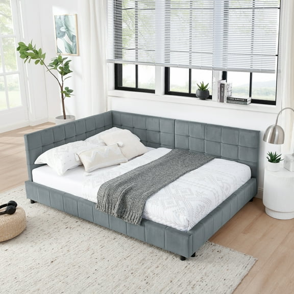Full Size Upholstered Tufted Bed Frame, Sofa Bed Frame with Comfortable Backrest and Armrests, Full Size Bed for Bedroom, Living Room,Velvet, NEW BEIGE(80.5''*59''*30.5'') RR