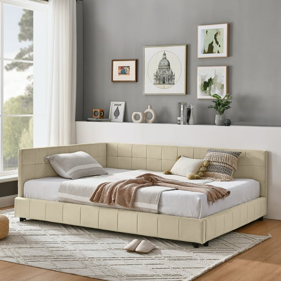 Full Size Upholstered Tufted Bed Frame, Sofa Bed Frame with Comfortable Backrest and Armrests, Full Size Bed for Bedroom, Living Room, Velvet, NEW BEIGE (80.5''*59''*30.5'')