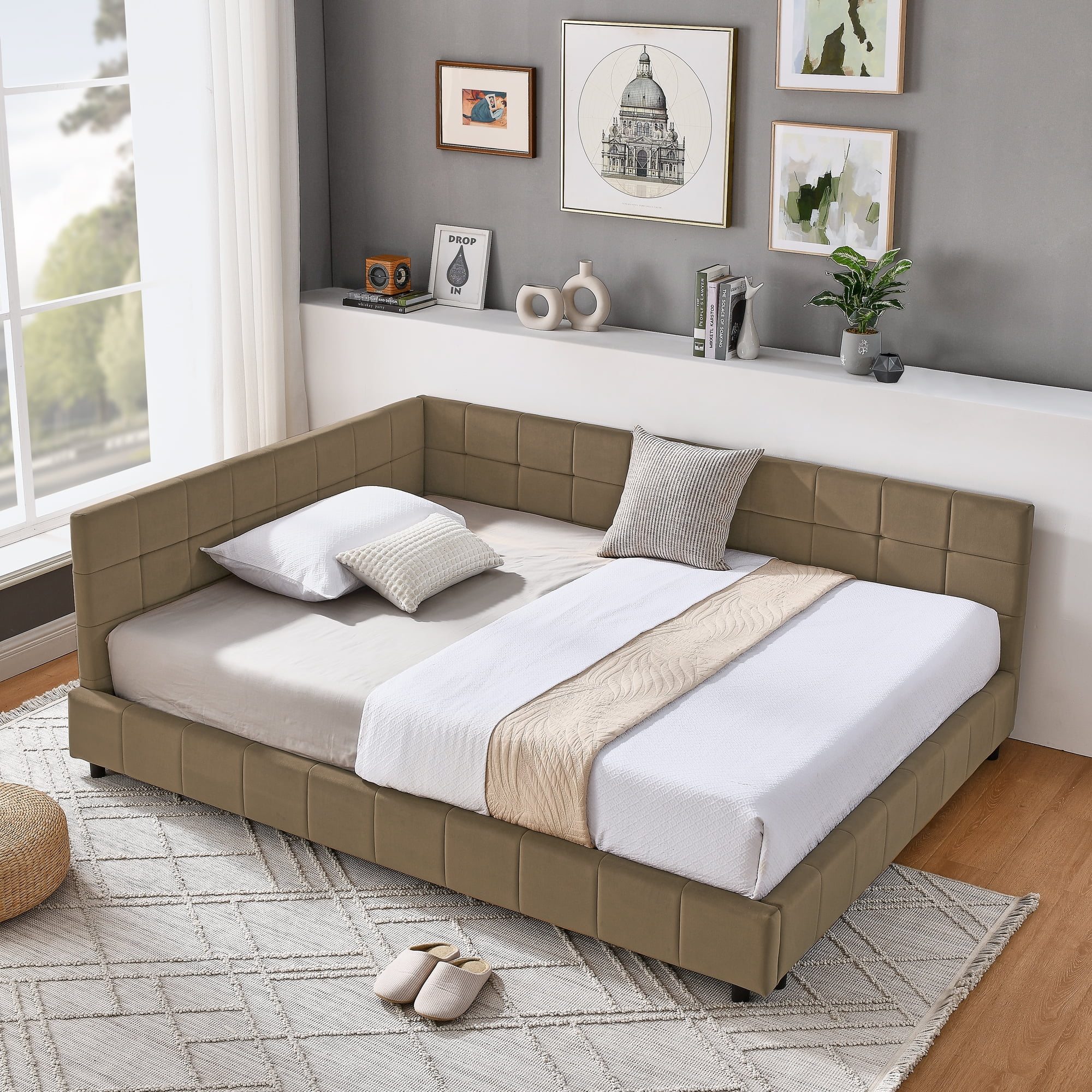 Full Size Upholstered Tufted Bed Frame, Sofa Bed Frame with Comfortable Backrest and Armrests, Full Size Bed for Bedroom, Living Room,Velvet