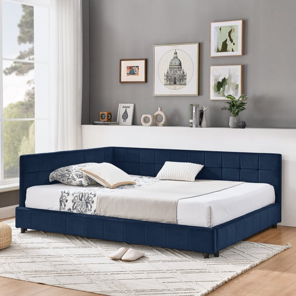 Full Size Upholstered Tufted Bed Frame, Velvet Sofa Bed with Backrest & Armrests, Dark Blue (80.5''*59''*30.5'')