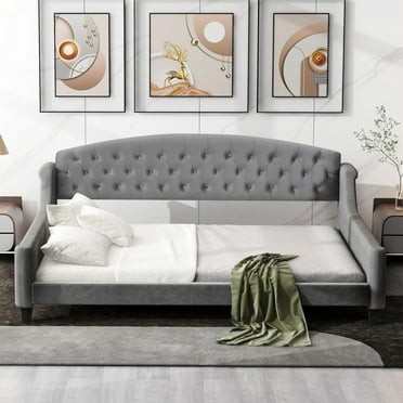 Full Size Upholstered Tufted Button Daybed, Heavy Duty Wooden Slat Support, No Box Spring Needed, Holds 700lbs, Gray