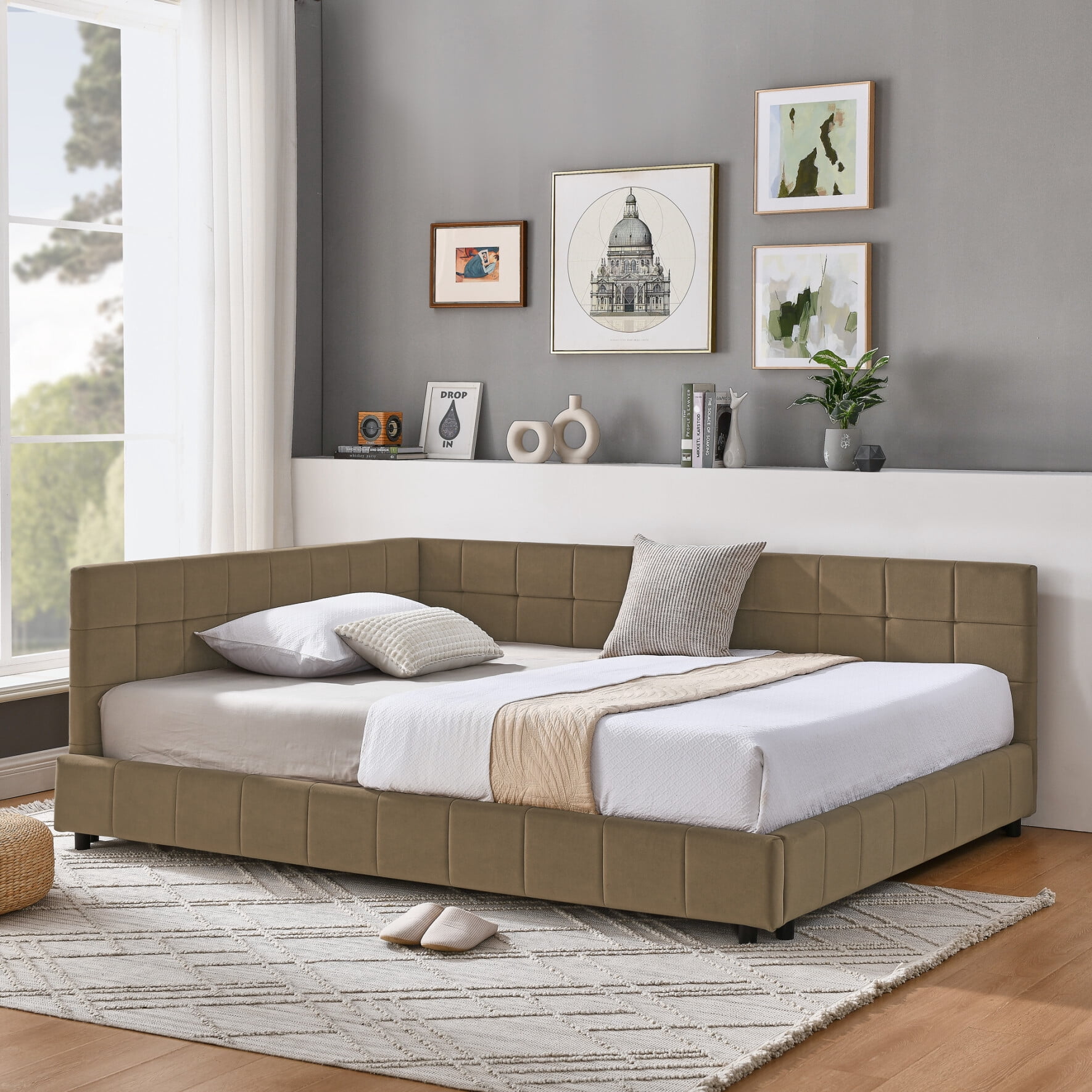 Full Size Upholstered Daybed/Sofa Bed Frame-Beige, Velvet