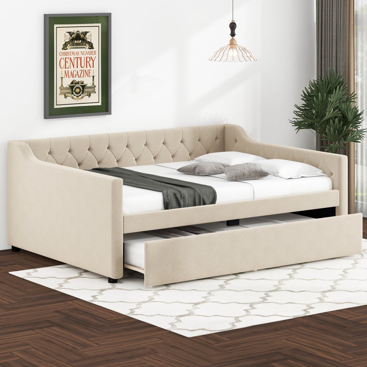 Simple Daybed Full Size Upholstered Tufted Daybed with Twin Size Trundle& Button ...