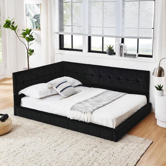 Full Size Upholstered Tufted Floor Bed Frame, Sofa Bed Frame with Comfortable Backrest and Armrests,Velvet Platform Bed for Bedroom, Living, Recreation Room,No Box Spring Needed (Black, Full)