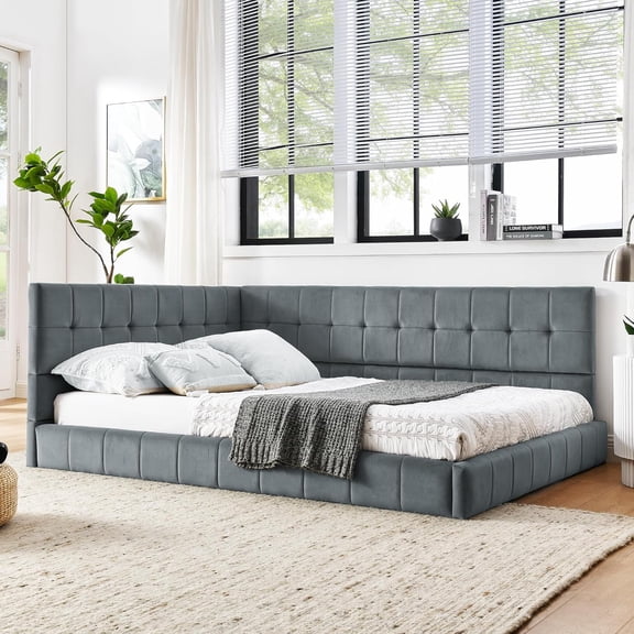 Full Size Upholstered Tufted Floor Bed Frame, Sofa Bed Frame with Comfortable Backrest and Armrests,Velvet Platform Bed for Bedroom, Living, Recreation Room,No Box Spring Needed (Grey, Full)