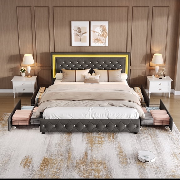 Full Size Upholstered Velvet Bed Frame with 4 Storage Drawers, RGB LED Lighting & Adjustable Headboard, Sturdy Metal-Wood Slats - No Box Spring Needed, Grey