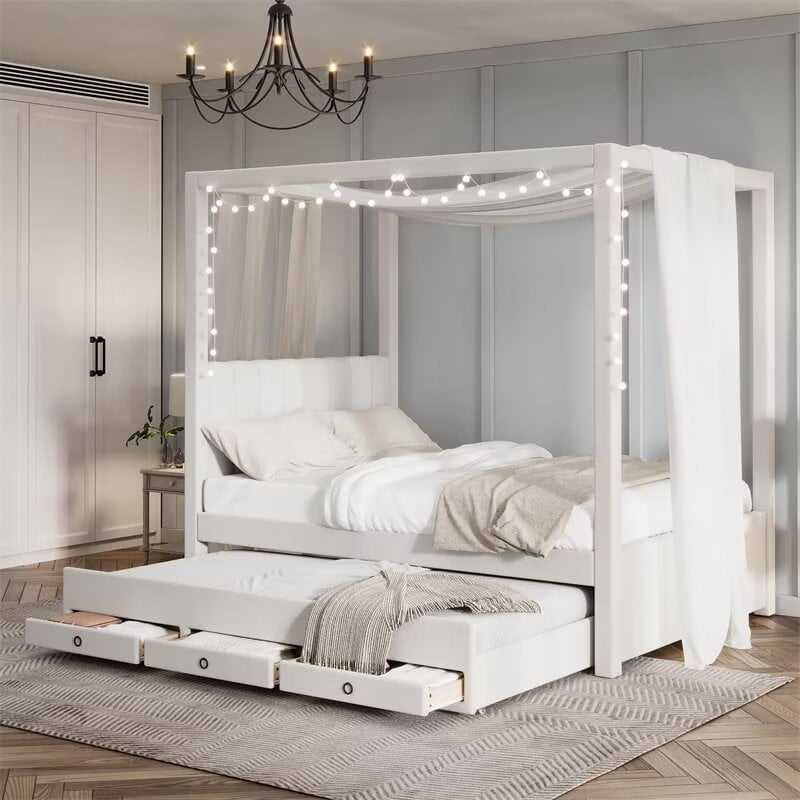 Full Size Upholstery Canopy Platform Bed with Trundle and 3 Storage Drawers, Solid Wood Captain Bed with 4-Poster Canopy Roof and Strong Slats Support for Bedroom, No Box Spring Needed, Beige