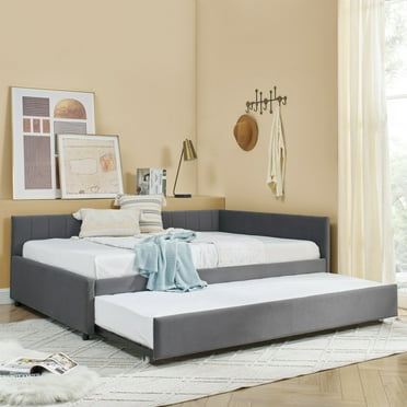 Full Size Upholstery Daybed with Trundle, Full Sofa Bed with Wood Slat Support, Linen Fabric Sofa Bed Frame for Living Room and Bedroom, No Box Spring Required, Grey