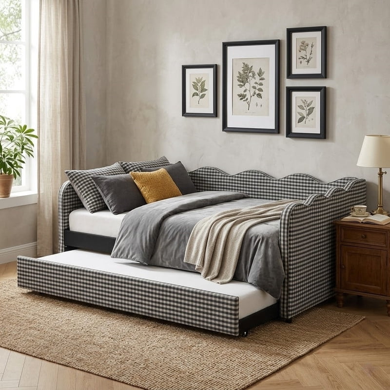 Full Size Upholstery Daybed with Trundle and USB, Full to King Design Wave Shaped Extendable Linen Sofa Bed, No Box Spring Required, for Living Room and Bedroom