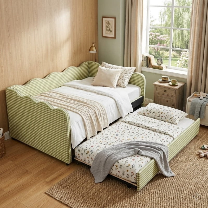 Full Size Upholstery Daybed with Trundle and USB, Full to King Design Wave Shaped Extendable Linen Sofa Bed, No Box Spring Required, for Living Room and Bedroom
