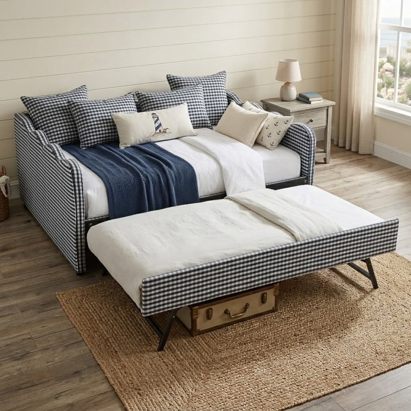 Full Size Upholstery Daybed with Trundle and USB, Full to King Design Wave Shaped Extendable Linen Sofa Bed, No Box Spring Required, for Living Room and Bedroom
