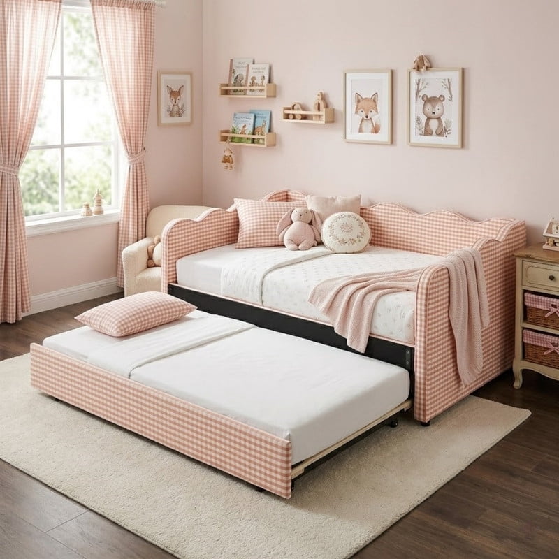 Full Size Upholstery Daybed with Trundle and USB, Full to King Design Wave Shaped Extendable Linen Sofa Bed, No Box Spring Required, for Living Room and Bedroom