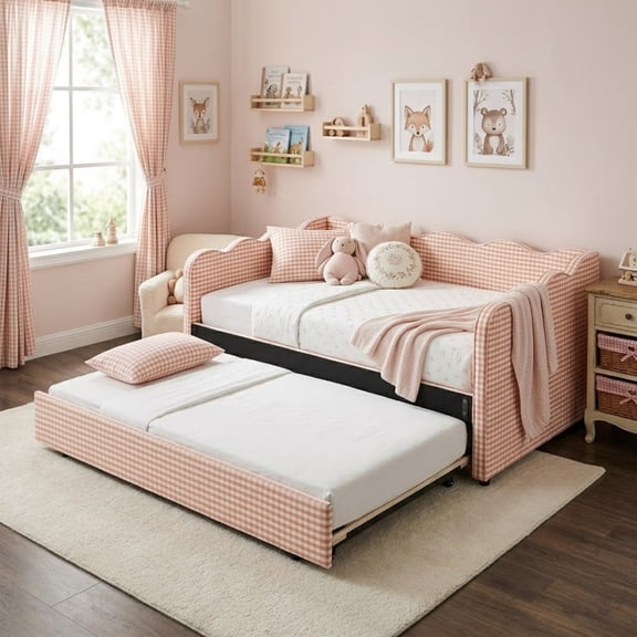 Full Size Upholstery Daybed with Trundle and USB, Full to King Design Wave Shaped Extendable Linen Sofa Bed, No Box Spring Required, for Living Room and Bedroom
