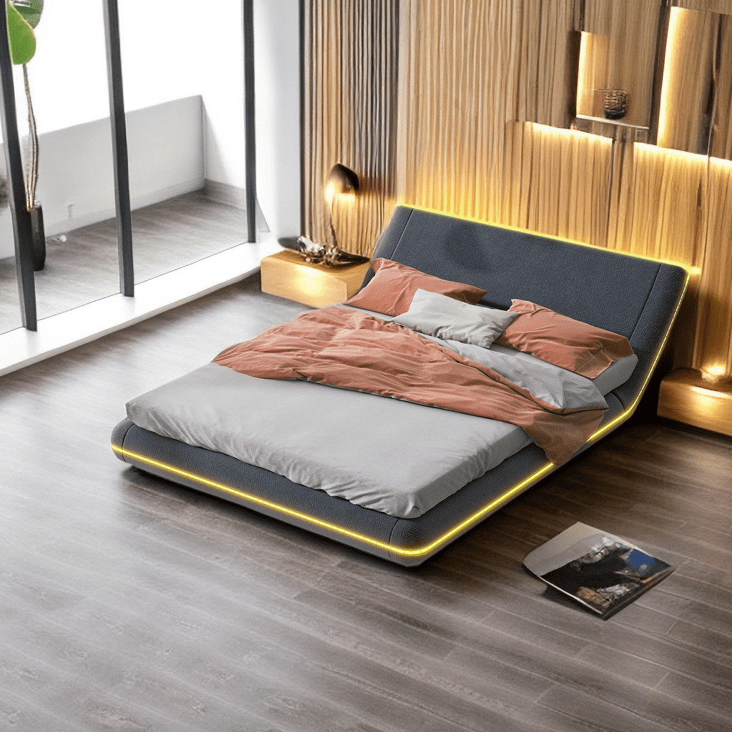 Full Size Upholstery Platform Bed Frame with Sloped Headboard ...