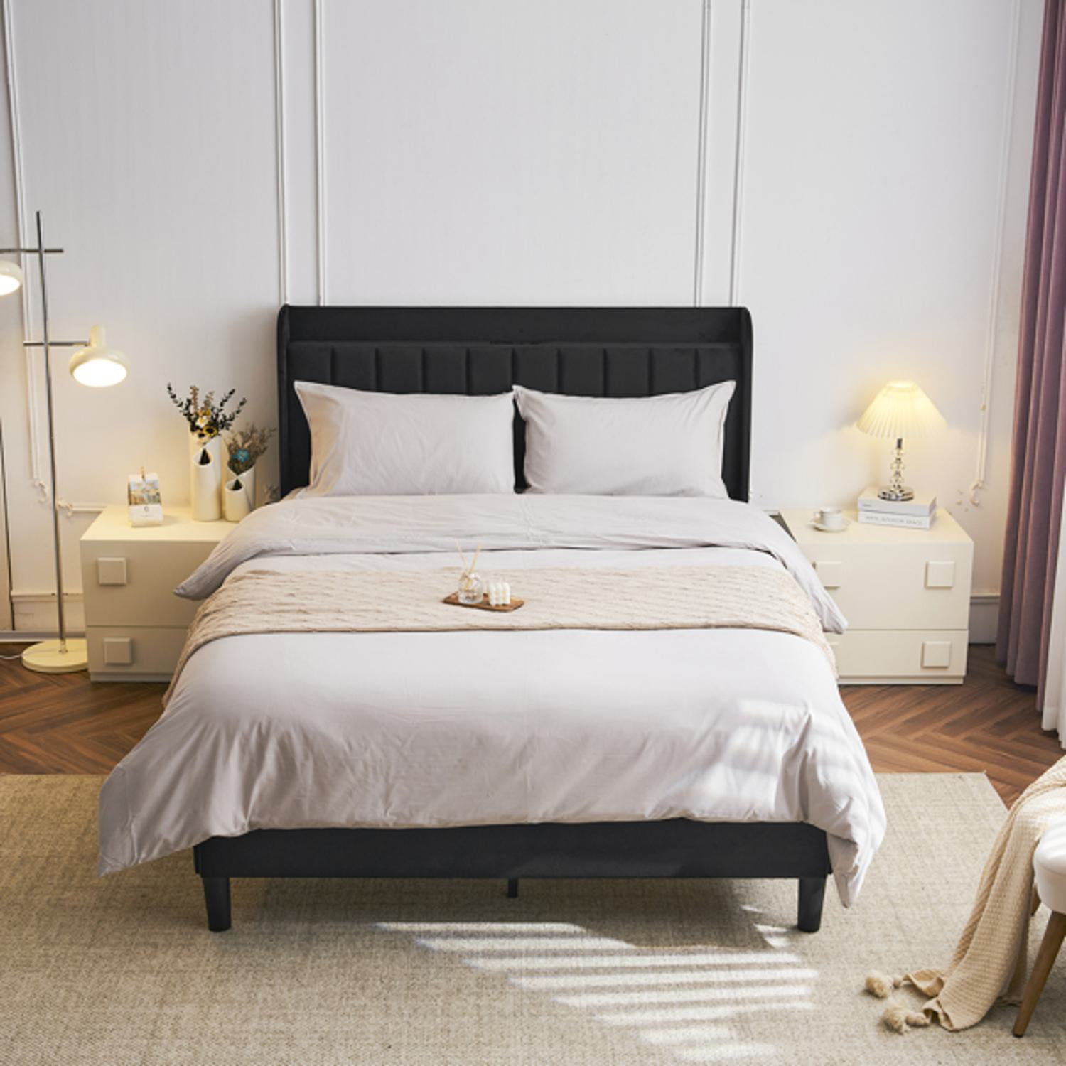 Full Black Velvet Upholstered Platform Bed with Tufted Headboard