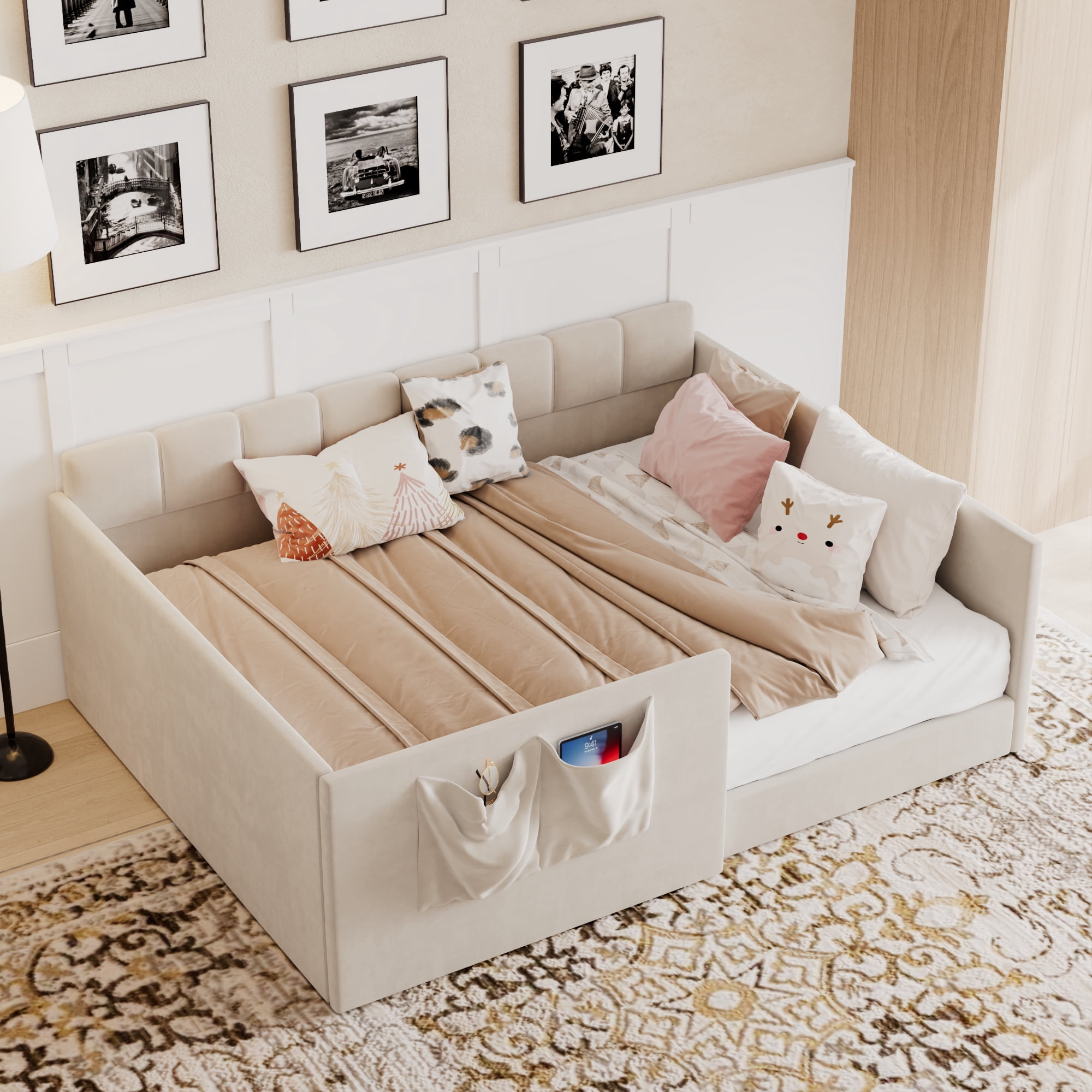 Full Size Velvet Daybed with 2 Storage Pockets, Upholstered Guest Sofa Bed Frame with High & Padded Backrest