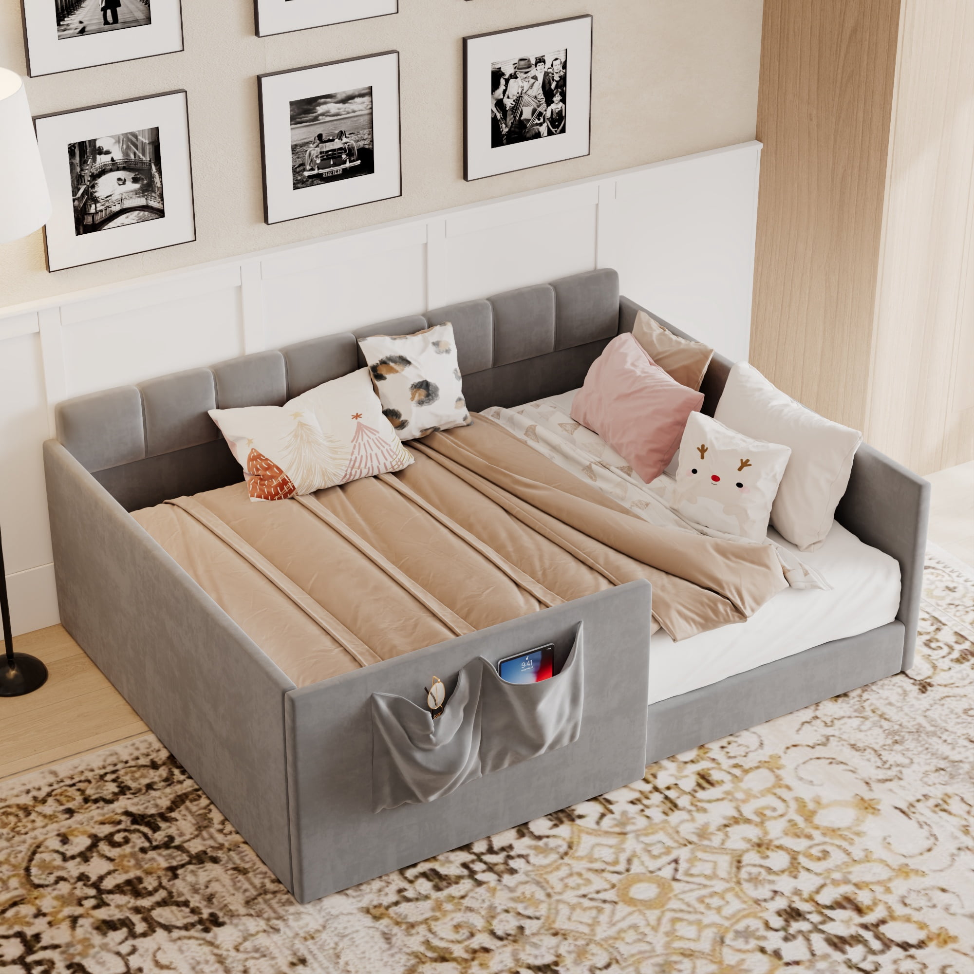 Full Size Velvet Daybed with Storage Pockets and Walk-In Entrance, Upholstered Sofa Bed with High Side Panels for Guest Room and Small Spaces, Gray