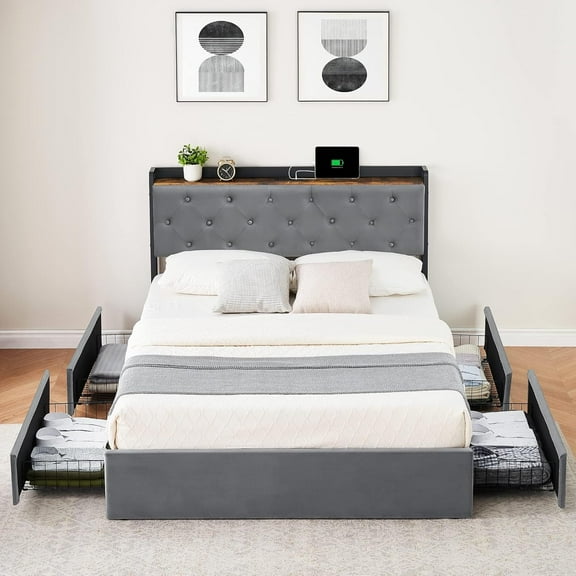 Full Size Velvet Metal Bed Frame with Four Storage Drawers and USB Charging Station, Grey Metal Bed Frame with Storage Headboard and Wooden Slats Support, No Box Spring Needed